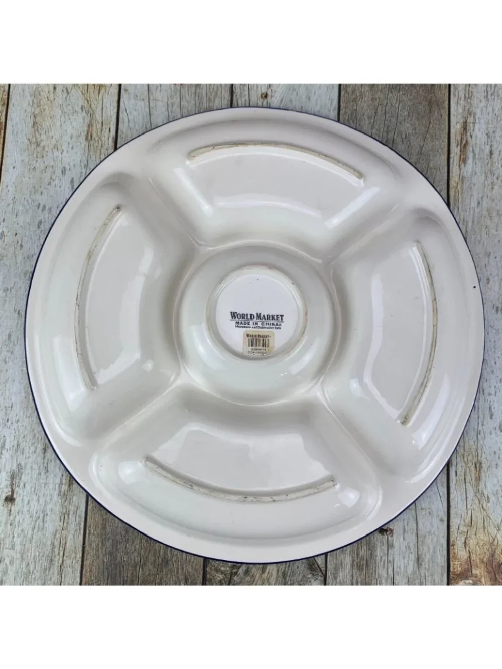World Market  Stoneware Cream Gold Cobalt Blue Section Veggie Serving 16